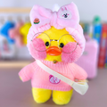 Paper Duck Pato Lalafanfan Amarelo de pelúcia com roupas e acessórios blusão rosa urso com faixa coelho