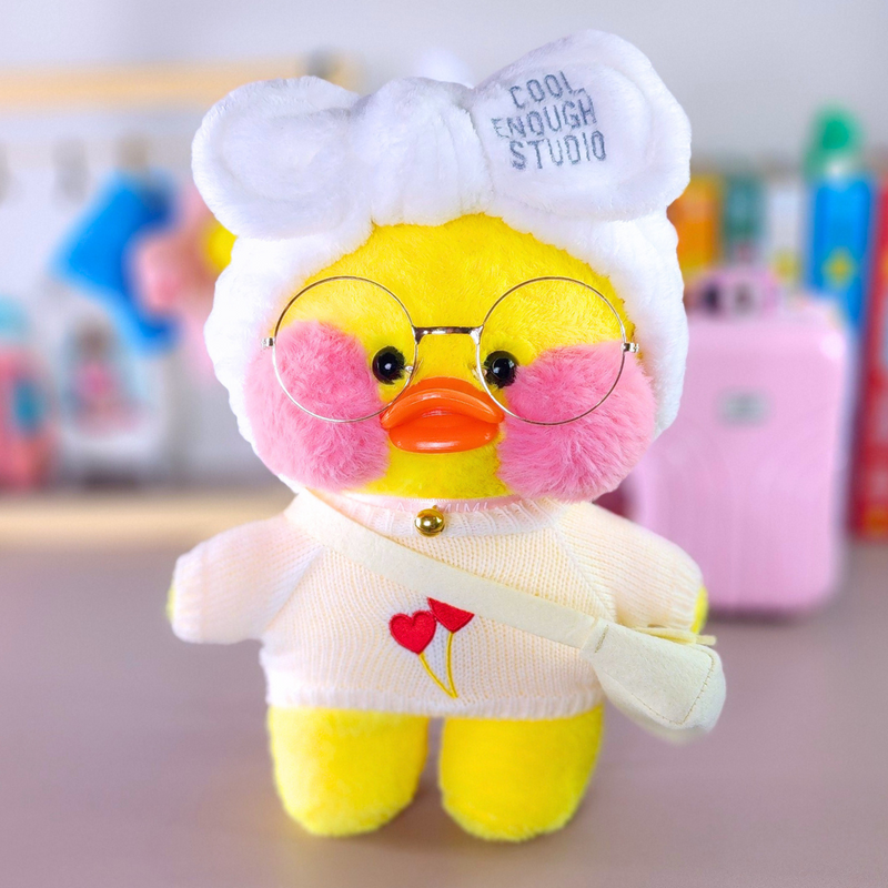 Pato Lalafanfan Amarelo Paper Duck de pelúcia com roupas e acessórios blusão branco corações com faixa cool