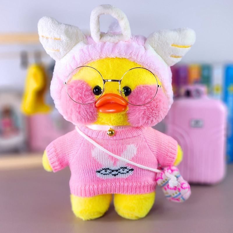 Paper Duck Pato Lalafanfan Amarelo de pelúcia com roupas e acessórios blusão coelho com faixa sakura - Pronta entrega