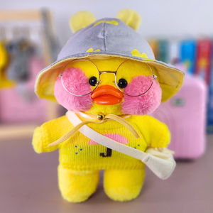 Paper Duck Pato Lalafanfan Amarelo de pelúcia com roupas e acessórios blusão guarda-chuva com chapéu - Pronta entrega