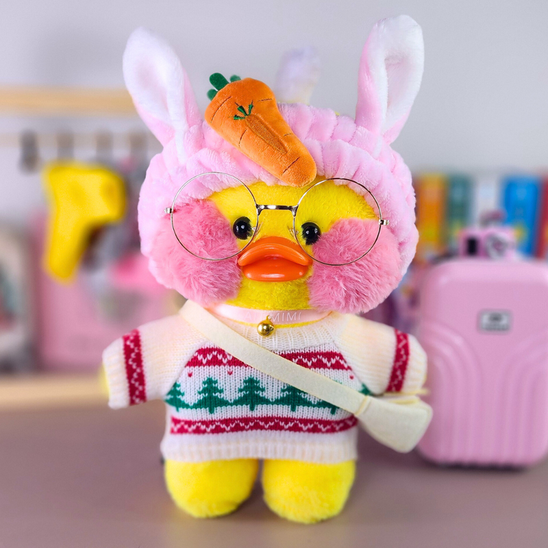 Pato Lalafanfan Amarelo Paper Duck de pelúcia com roupas e acessórios blusão de natal com faixa orelhas de coelho com cenoura - Pronta entrega