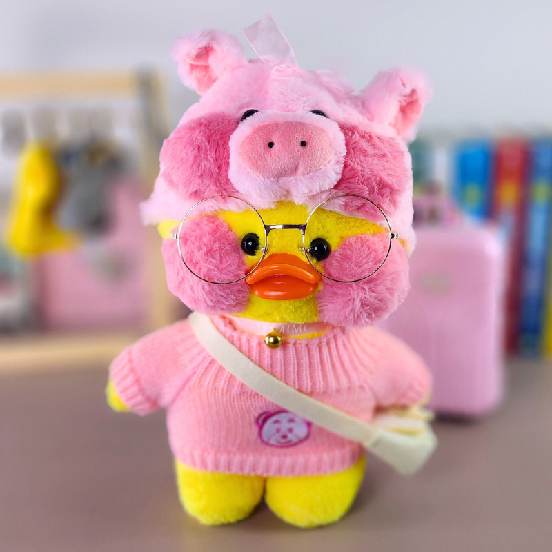 Pato Lalafanfan Amarelo Paper Duck de pelúcia com roupas e acessórios blusão rosa urso com touca pig - Pronta Entrega