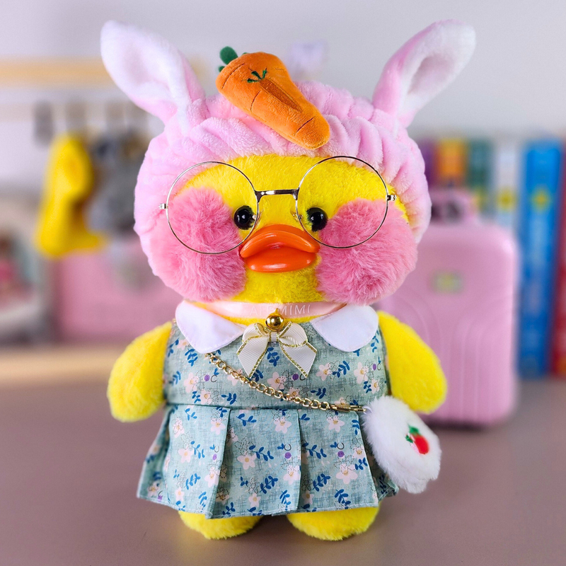 Pato Lalafanfan Amarelo Paper Duck de pelúcia com roupas e acessórios vestido floral verde com faixa orelhas de coelho com cenoura - Pronta entrega