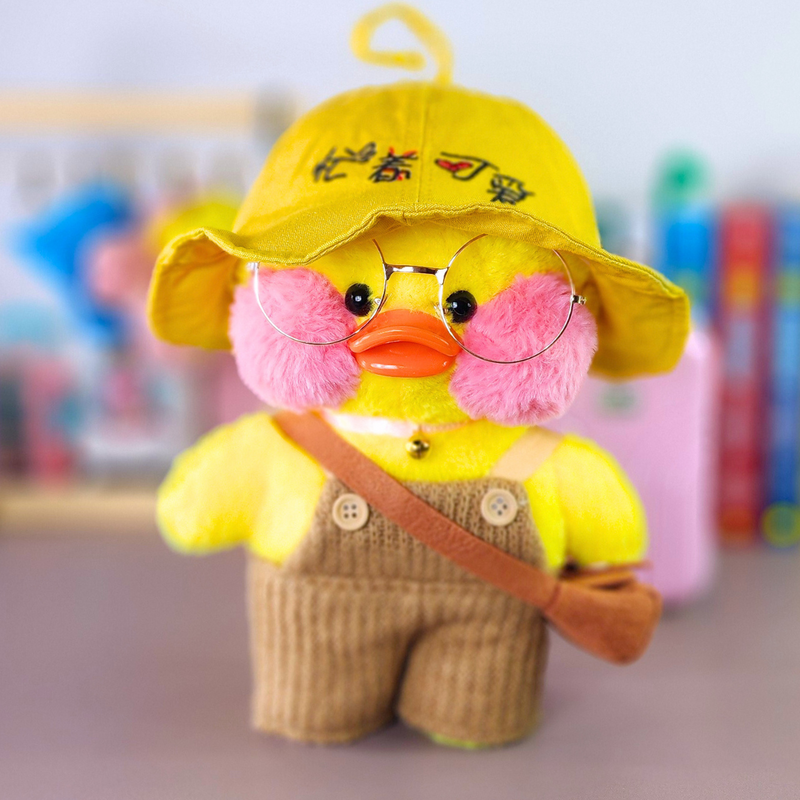 Pato Lalafanfan Amarelo Paper Duck de pelúcia com roupas e acessórios macacão marrom com chapéu amarelo