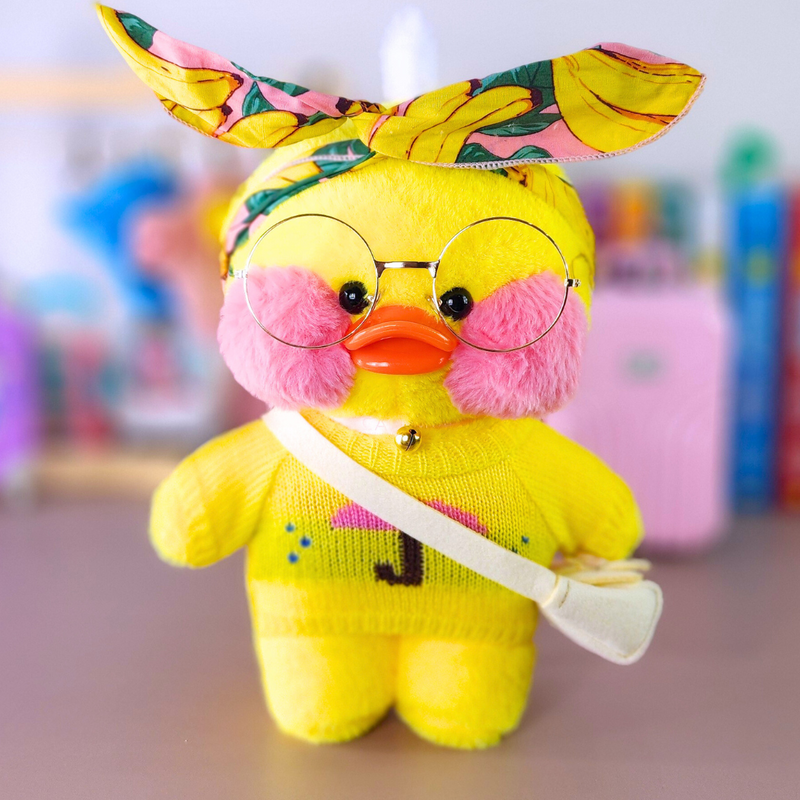 Paper Duck Pato Lalafanfan Amarelo de pelúcia com roupas e acessórios blusão guarda-chuva com faixa