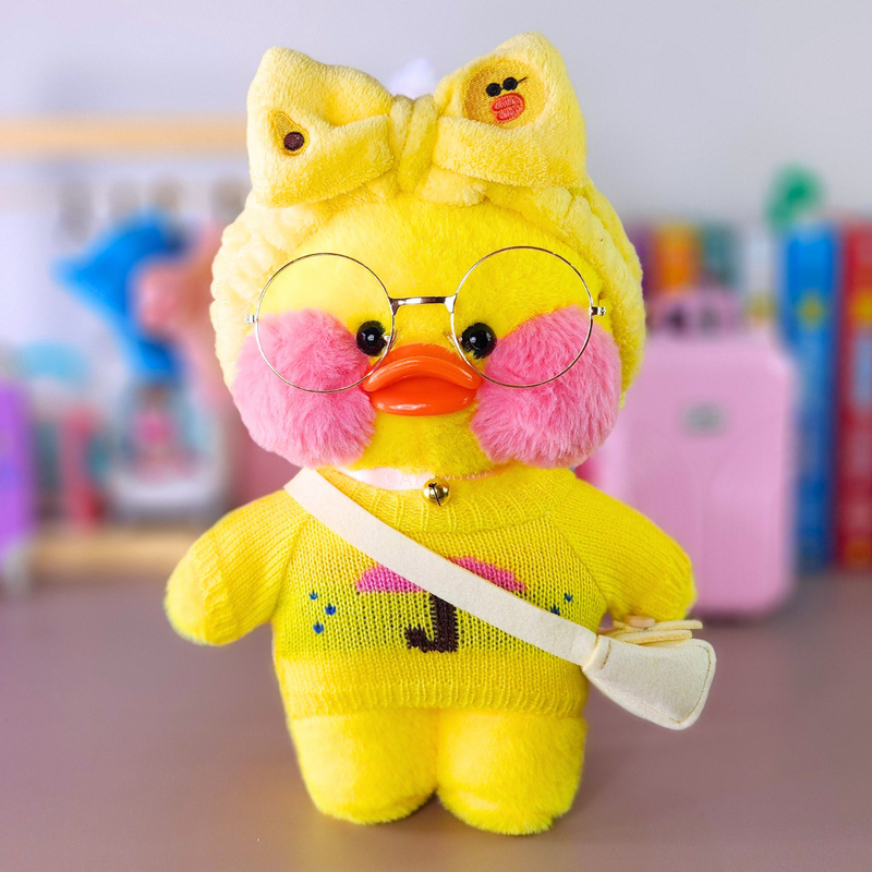 Pato Lalafanfan Amarelo Paper Duck de pelúcia com roupas e acessórios blusão guarda-chuva com faixa pato