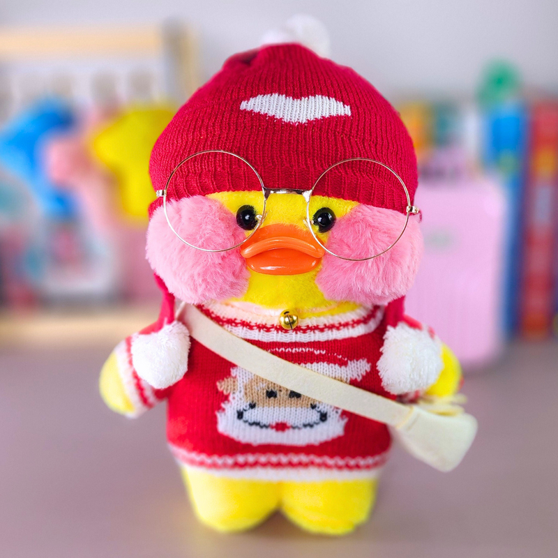 Pato Lalafanfan Amarelo Paper Duck de pelúcia com roupas e acessórios blusão Papai Noel com touca coração