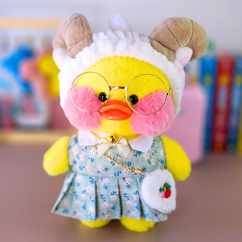 Paper Duck Pato Lalafanfan Amarelo de pelúcia com roupas e acessórios vestido floral verde com faixa cabrita