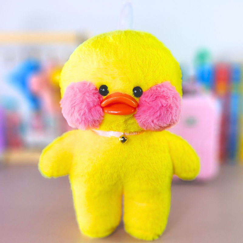 Paper Duck Pato Lalafanfan Amarelo de pelúcia com roupas e acessórios blusão azul com corações com faixa azul