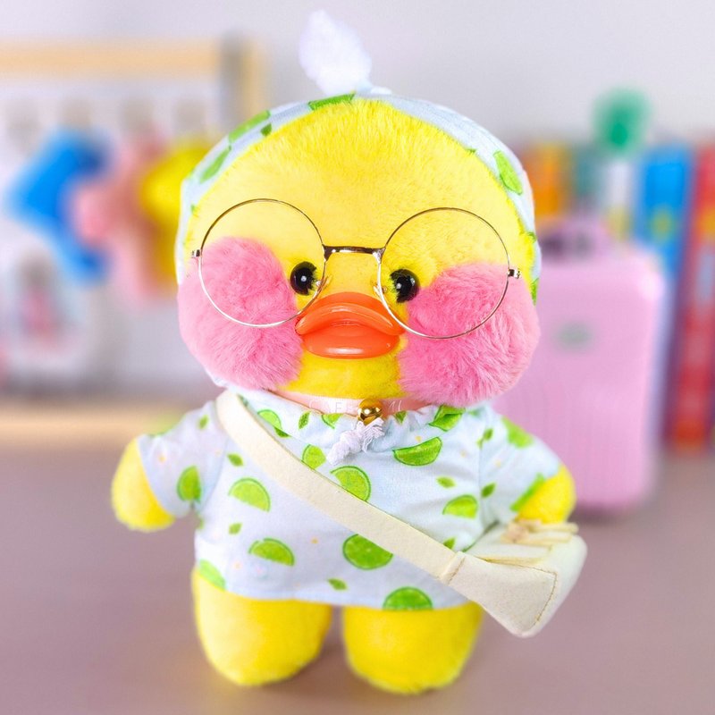 Pato Lalafanfan Amarelo Paper Duck de pelúcia com roupas e acessórios moletom limão