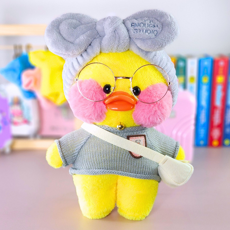 Pato Lalafanfan Amarelo Paper Duck de pelúcia com roupas e acessórios blusão cinza com faixa cool