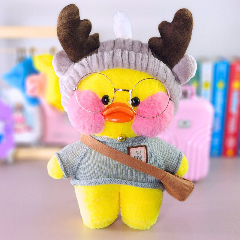 Pato Lalafanfan Amarelo Paper Duck de pelúcia com roupas e acessórios blusão cinza com faixa rena - Pronta entrega