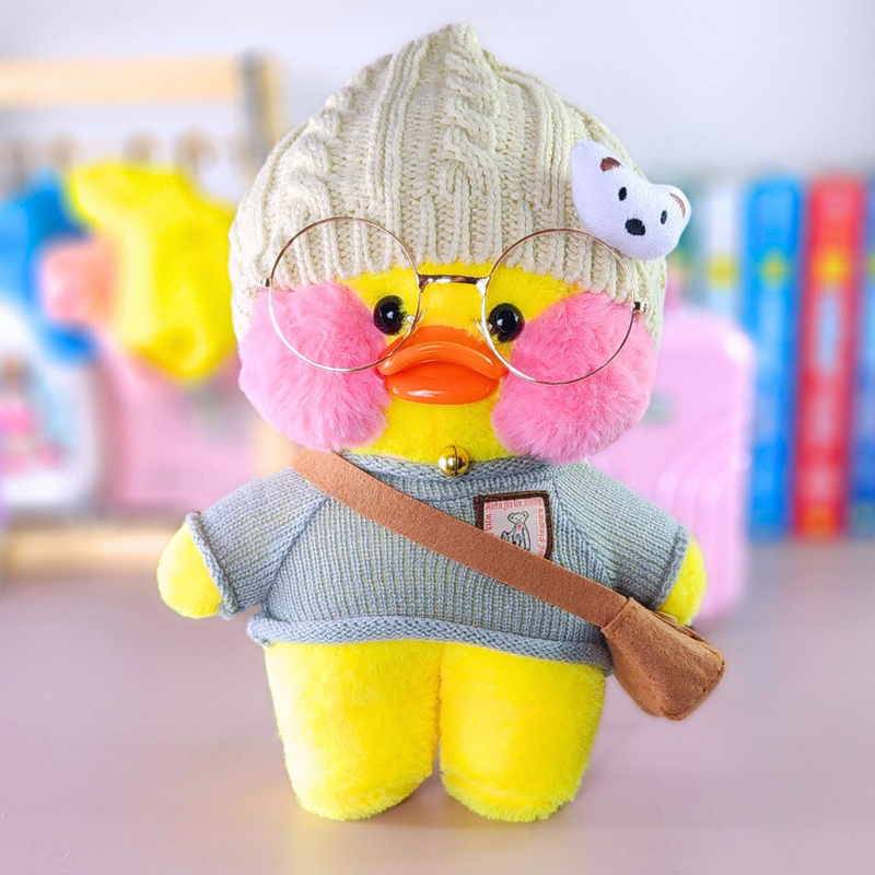 Pato Lalafanfan Amarelo Paper Duck de pelúcia com roupas e acessórios blusão cinza com touca de urso