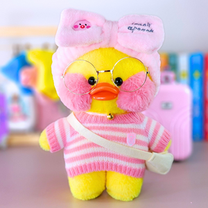 Paper Duck Pato Lalafanfan Amarelo de pelúcia com roupas e acessórios blusão listrado rosa com faixa pato - Pronta entrega