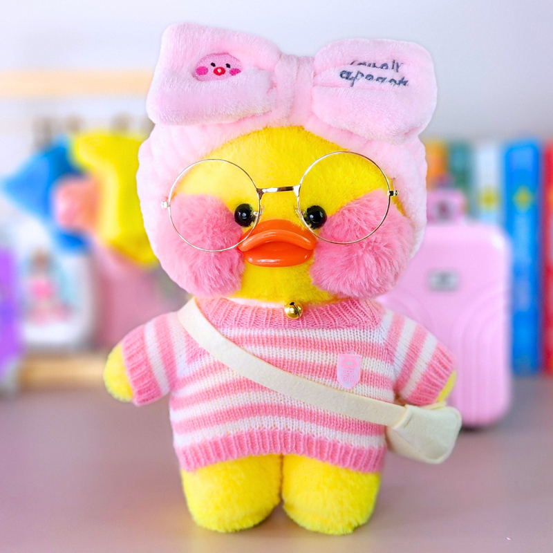 Pato Lalafanfan Amarelo Paper Duck de pelúcia com roupas e acessórios blusão listrado rosa com faixa pato