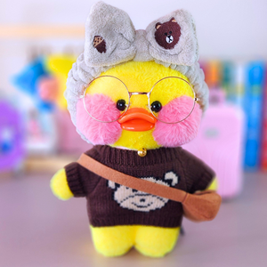 Paper Duck Pato Lalafanfan Amarelo de pelúcia com roupas e acessórios blusão urso com faixa urso - Pronta Entrega