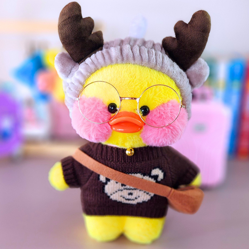 Pato Lalafanfan Amarelo Paper Duck de pelúcia com roupas e acessórios blusão urso com faixa rena