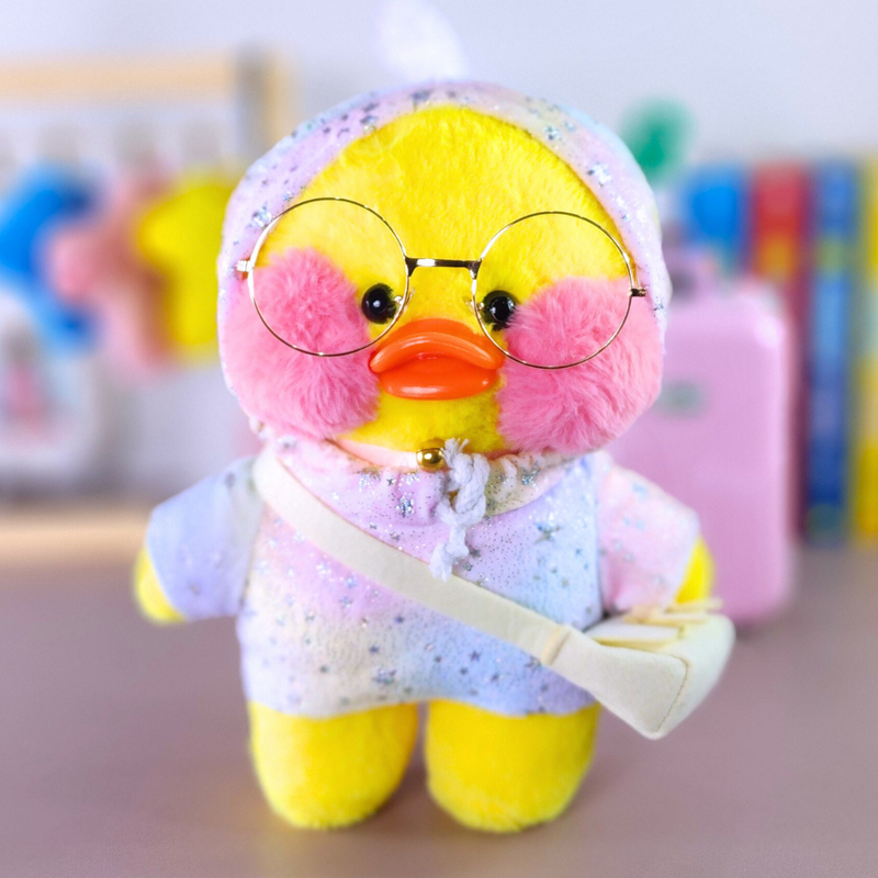 Paper Duck Pato Lalafanfan Amarelo de pelúcia com roupas e acessórios moletom colorido estrelas