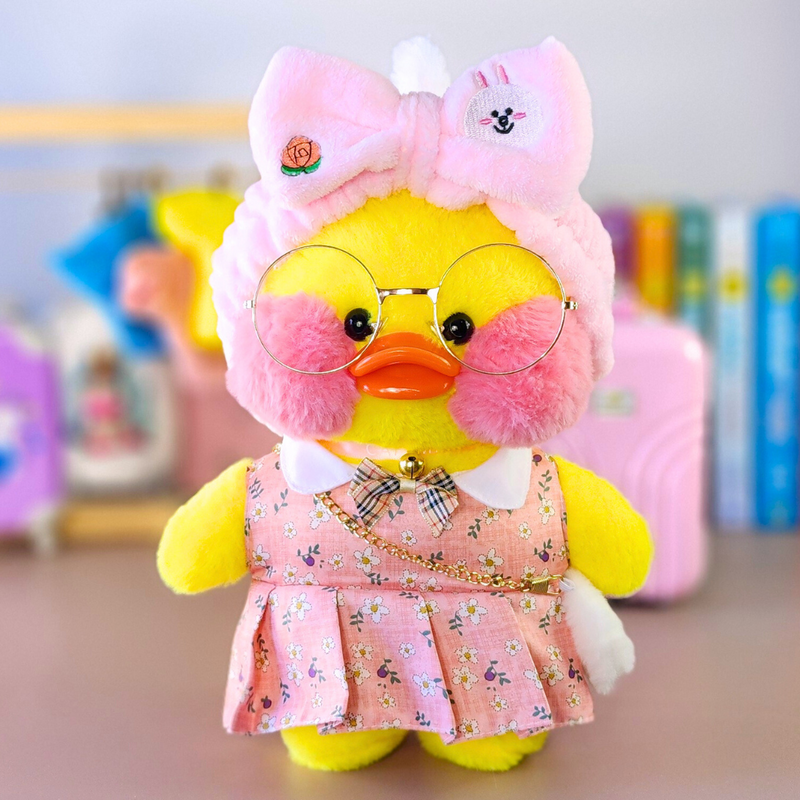 Pato Lalafanfan Amarelo Paper Duck de pelúcia com roupas e acessórios vestido floral rosa com faixa coelho