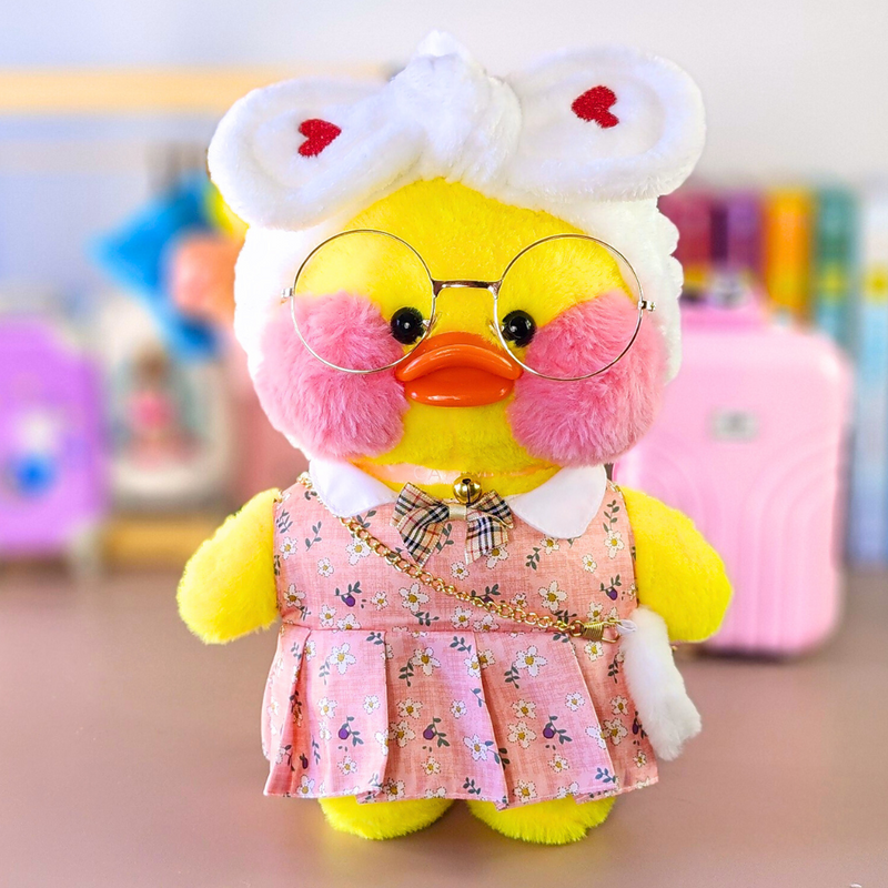 Pato Lalafanfan Amarelo Paper Duck de pelúcia com roupas e acessórios vestido floral rosa com faixa coração