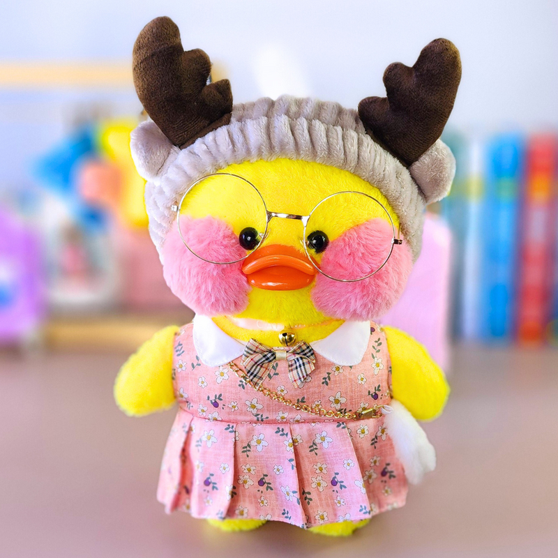 Pato Lalafanfan Amarelo Paper Duck de pelúcia com roupas e acessórios vestido floral rosa com faixa rena