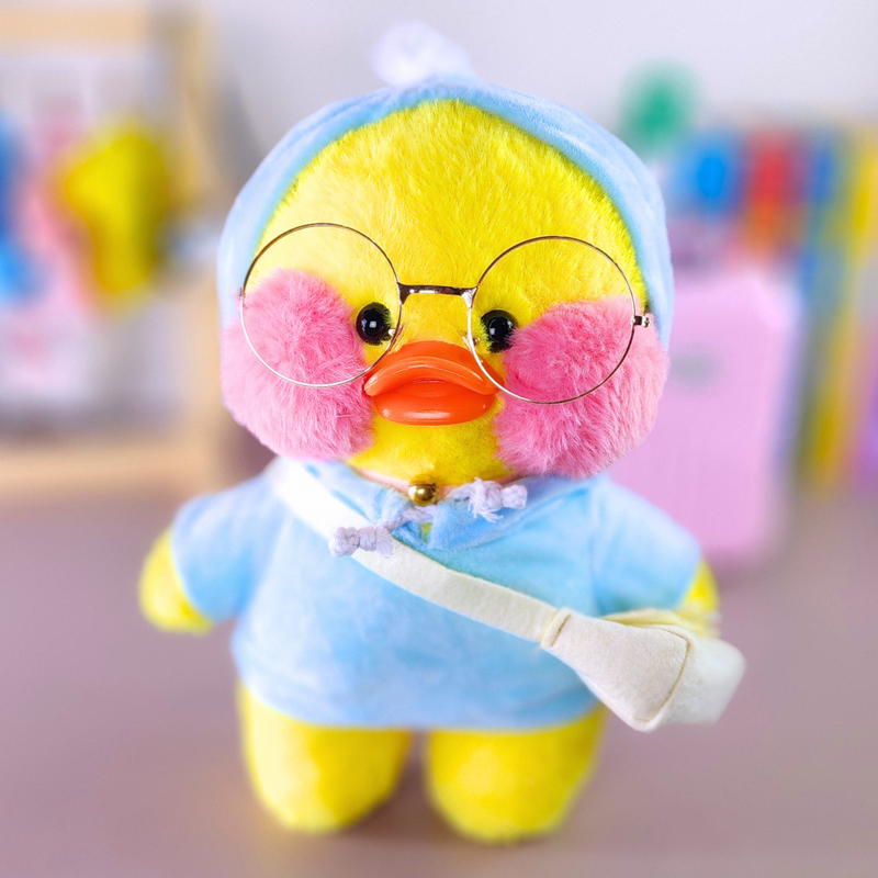 Pato Lalafanfan Amarelo Paper Duck de pelúcia com roupas e acessórios moletom azul