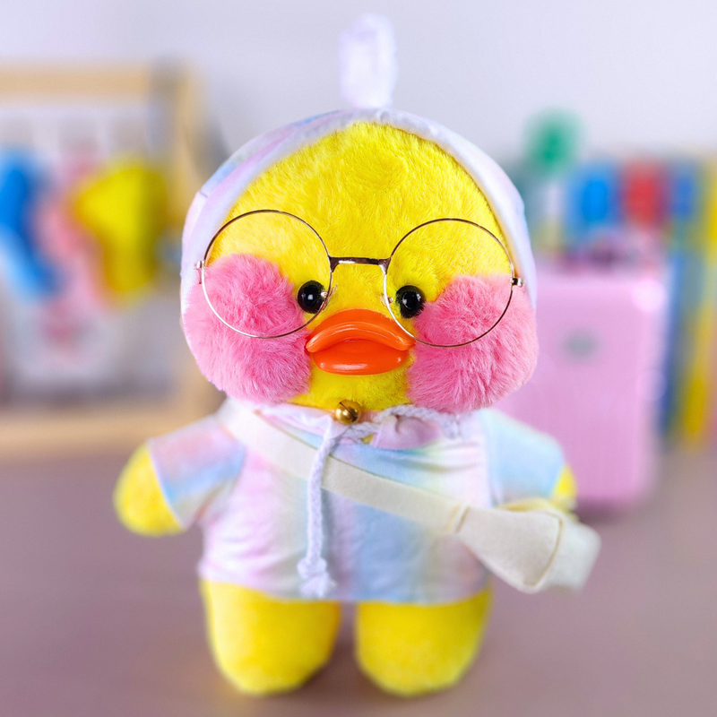 Paper Duck Pato Lalafanfan Amarelo de pelúcia com roupas e acessórios moletom tie dye