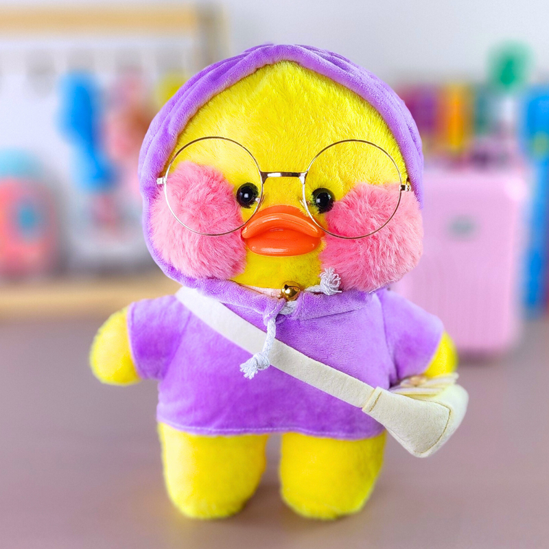 Pato Lalafanfan Amarelo Paper Duck de pelúcia com roupas e acessórios moletom lilás