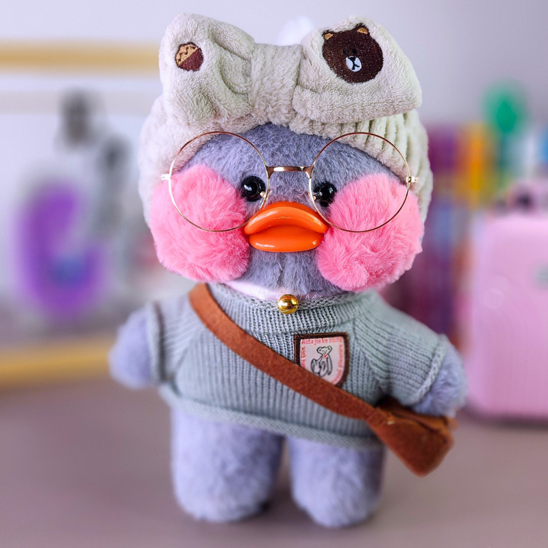 Paper Duck Pato Lalafanfan de pelúcia com blusão cinza com faixa urso - Pronta Entrega