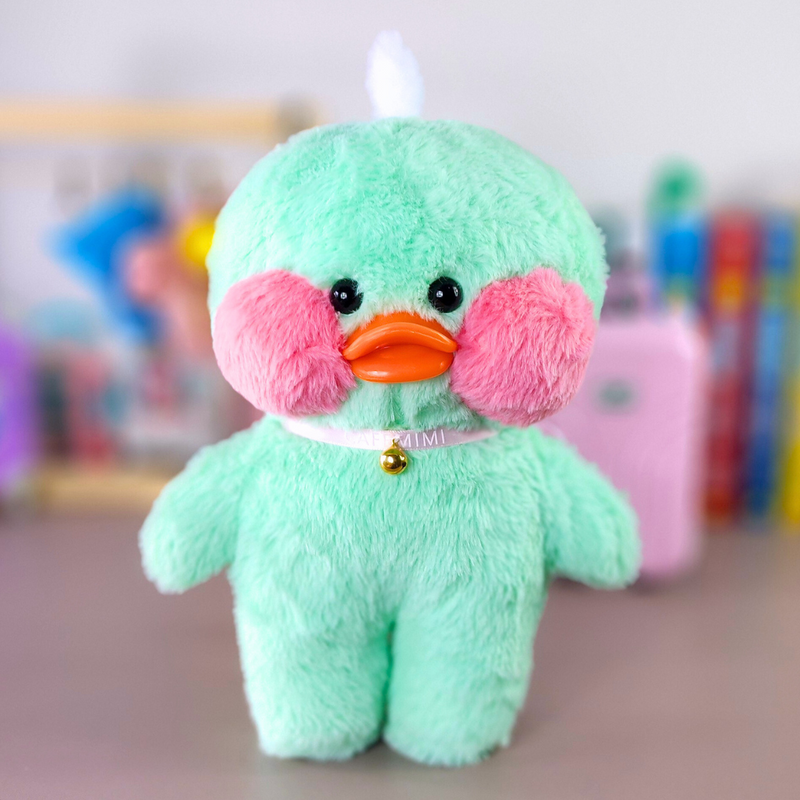 Pato Lalafanfan Verde Paper Duck de pelúcia com roupas e acessórios blusão special delivery com faixa peppa