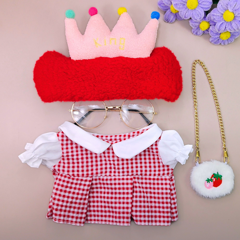 Roupa para Paper Duck Lalafanfan vestido xadrez vermelho com faixa de coroa e óculos