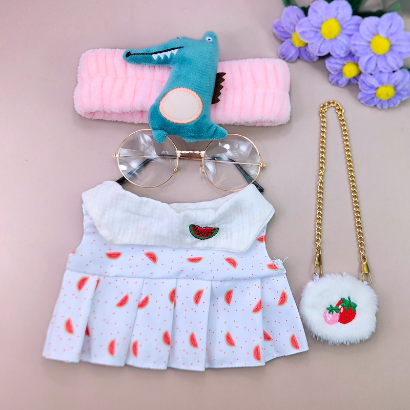 Roupa para Paper Duck Lalafanfan vestido melancia com faixa jacaré e óculos