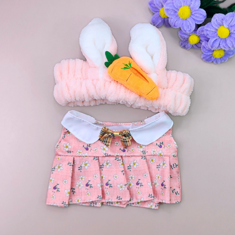 Roupa para Paper Duck Lalafanfan vestido floral rosa com faixa orelhas de coelho com cenoura