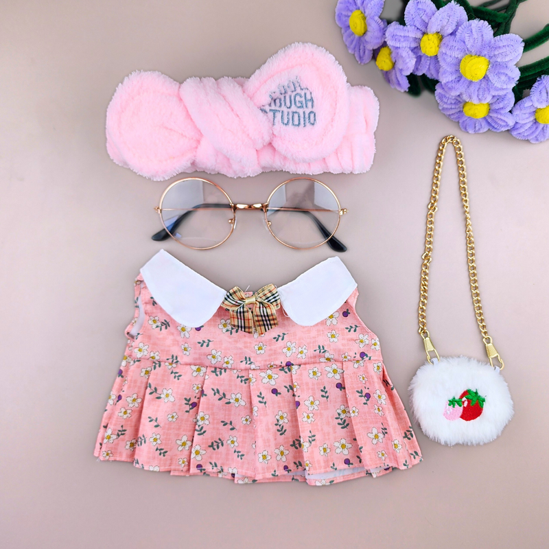 Roupa para Paper Duck Lalafanfan vestido floral rosa com faixa rosa cool e óculos