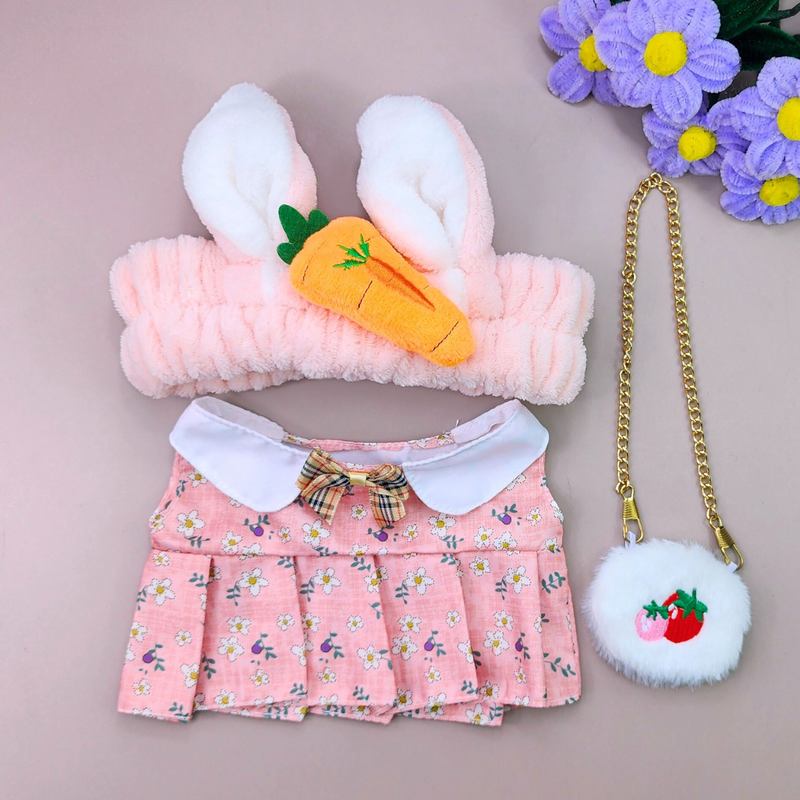 Roupa para Paper Duck Lalafanfan vestido floral rosa e faixa orelhas de coelho com cenoura - Pronta entrega