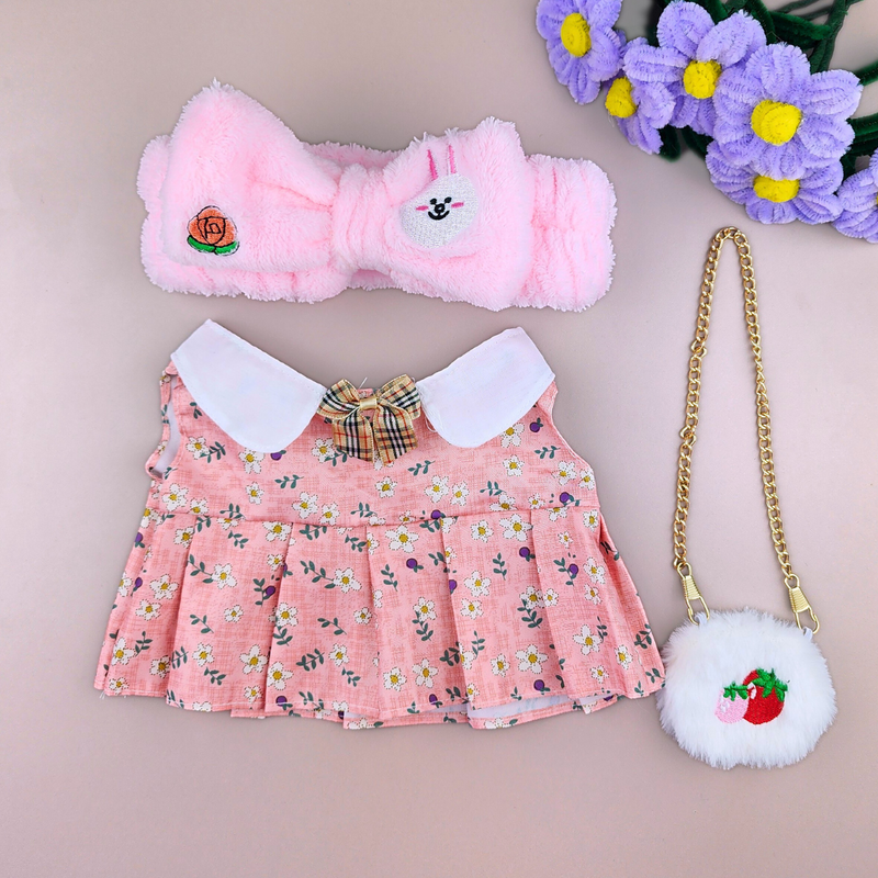 Roupa para Paper Duck Lalafanfan vestido floral rosa com faixa coelho - Pronta entrega