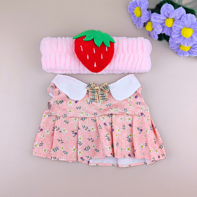 Roupa para Paper Duck Lalafanfan vestido floral rosa com faixa morango