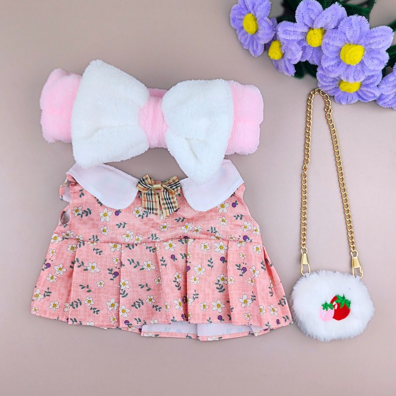 Roupa para Paper Duck Lalafanfan vestido floral rosa com faixa laço branco