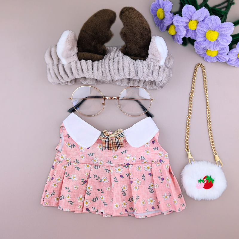 Roupa para Paper Duck Lalafanfan vestido floral rosa com faixa de rena e óculos