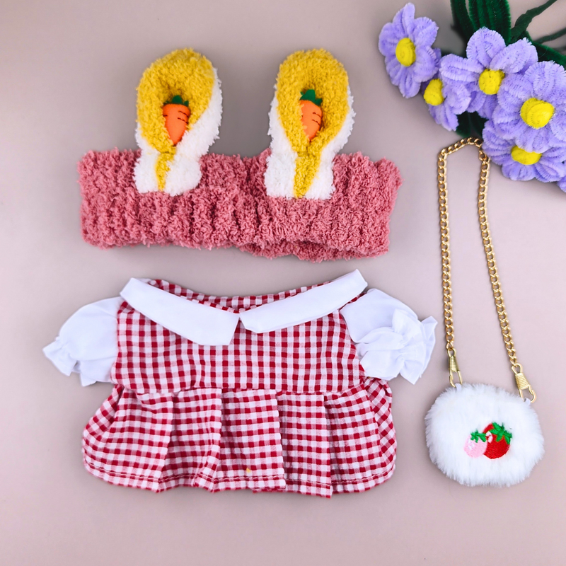 Roupa para Paper Duck Lalafanfan vestido xadrez vermelho com faixa  orelhas de coelho e cenouras - Pronta entrega