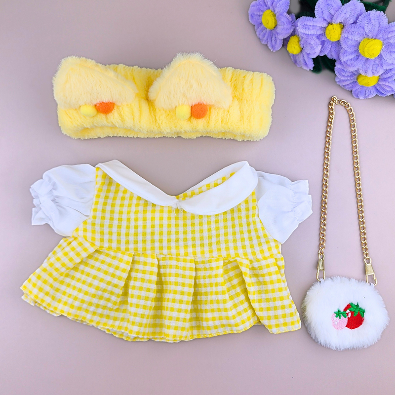 Roupa para Lalafanfan vestido xadrez amarelo com faixa gato