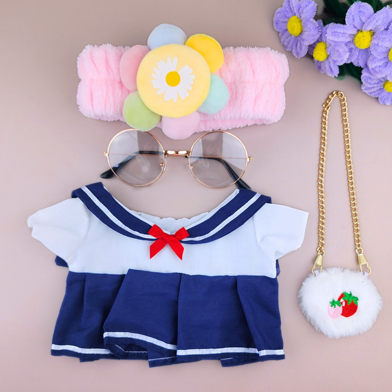 Roupa para Paper Duck Lalafanfan vestido colegial com faixa flor e óculos