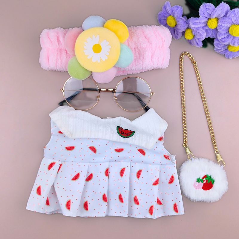 Roupa para Paper Duck Lalafanfan vestido melancia com faixa flor e óculos