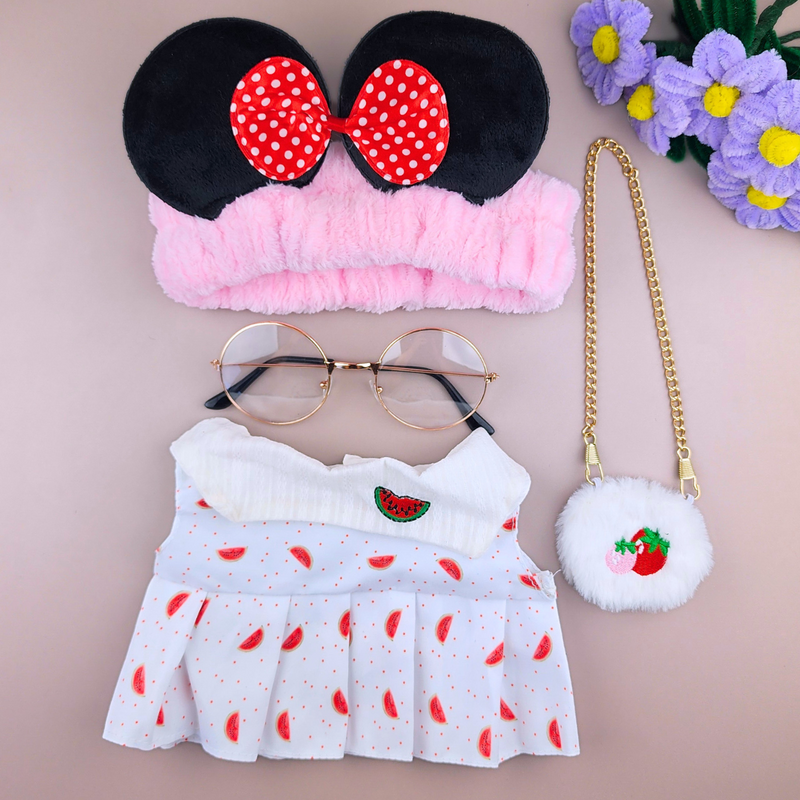 Roupa para Paper Duck Lalafanfan vestido melancia com faixa da Minnie e óculos