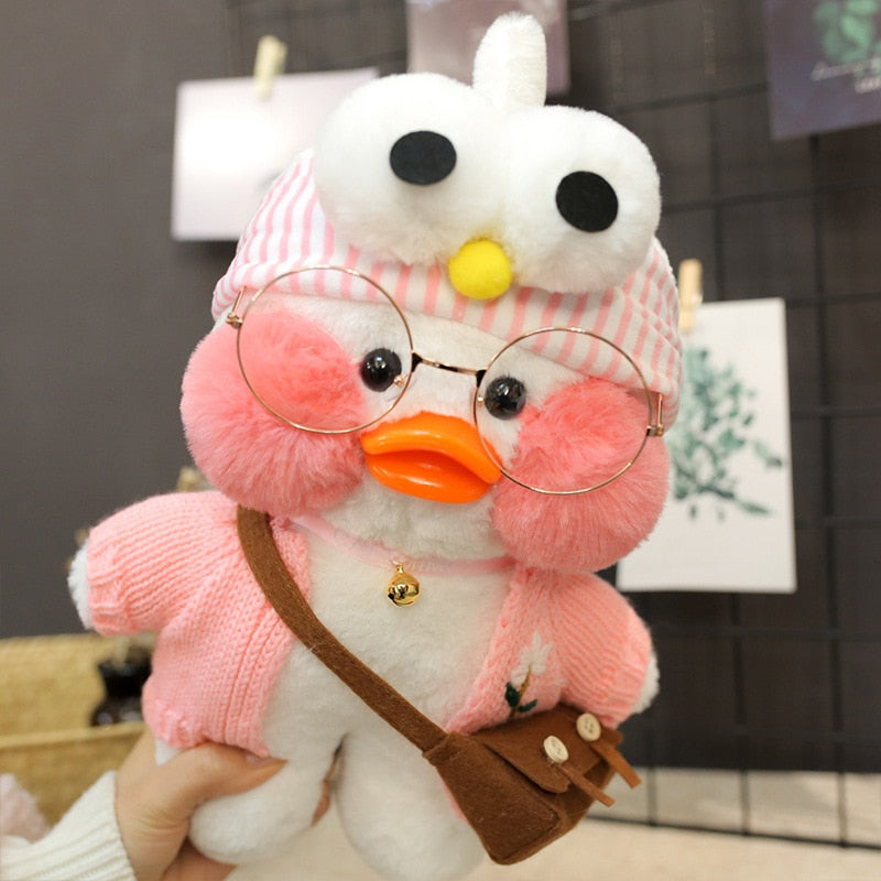 Pato Lalafanfan Branco Paper Duck de pelúcia com roupas e acessórios Conjunto rosa com olhos - Pronta Entrega