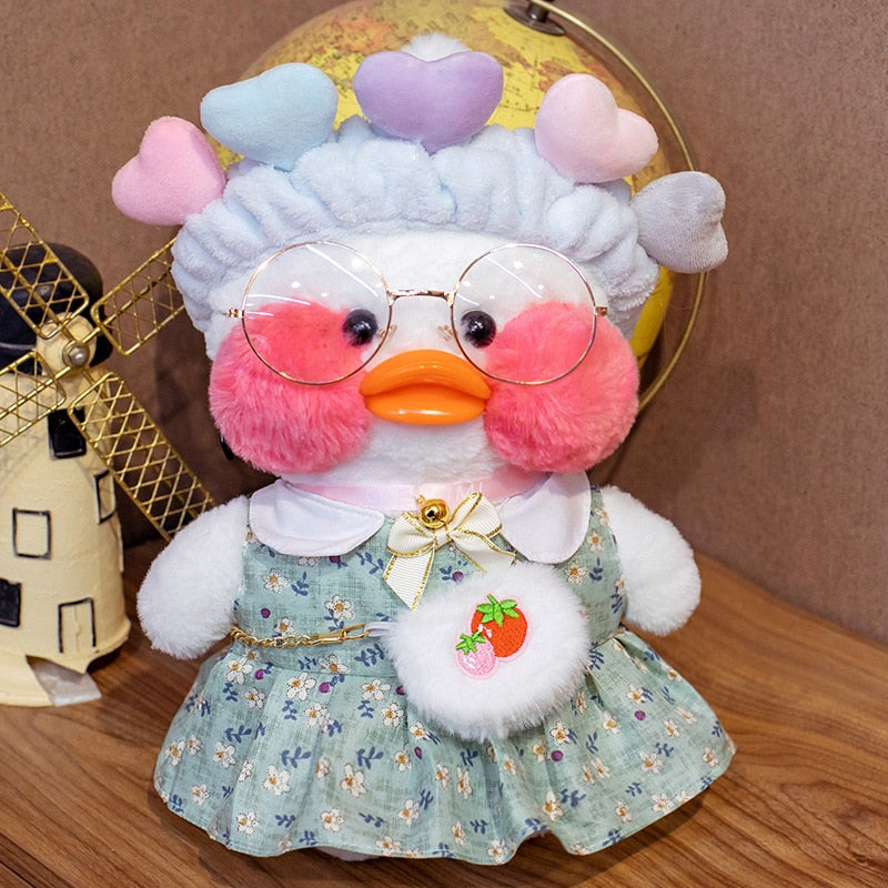 Pato Lalafanfan Branco Paper Duck de pelúcia com roupas e acessórios Conjunto vestido com pompons - Pronta Entrega