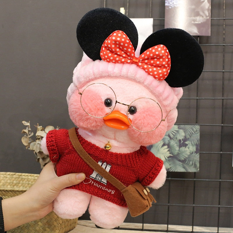 Pato Lalafanfan Rosa Paper Duck de pelúcia com roupas e acessórios Conjunto Minnie - Pronta entrega