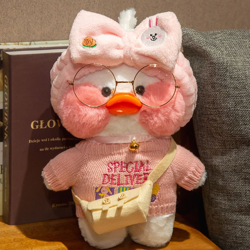 Pato Lalafanfan Branco Paper Duck de pelúcia com roupas e acessórios Conjunto rosa com coelho - Pronta entrega