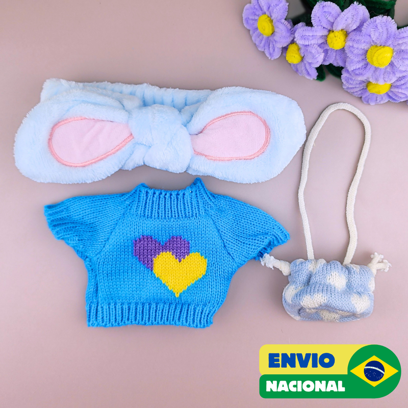 Roupa para Paper Duck Lalafanfan blusão azul com corações e faixa azul - Pronta entrega