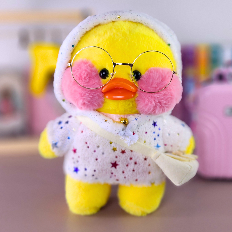 Pato Lalafanfan Amarelo Paper Duck de pelúcia com roupas e acessórios moletom estrelas